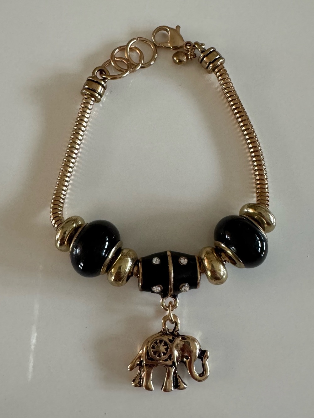 WISDOM Snake Chain Bracelet W Black Enamel Beads & Gold Tone Elephant Bracelet